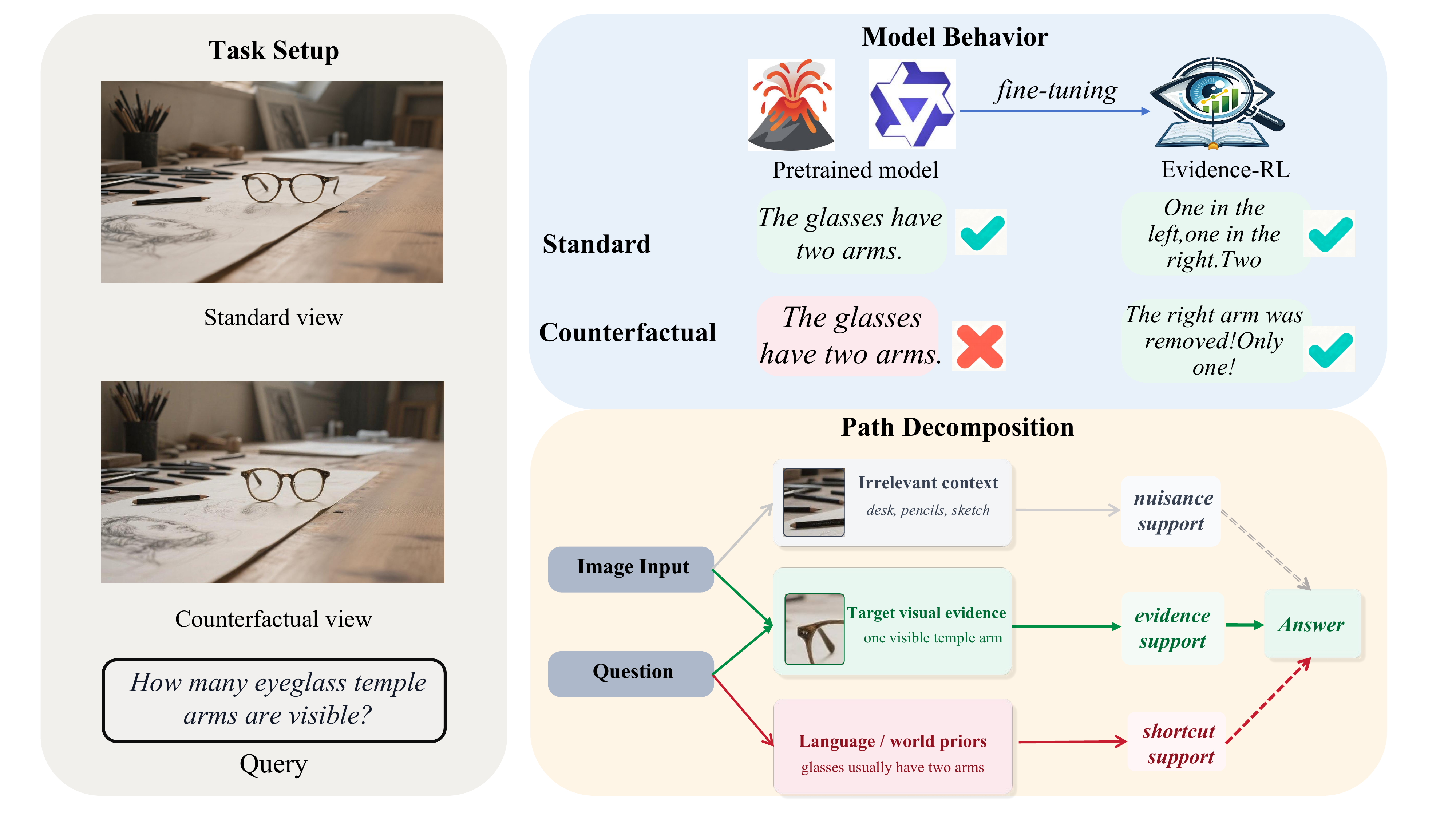 Causal path decomposition: evidence path vs. shortcut path vs. nuisance path