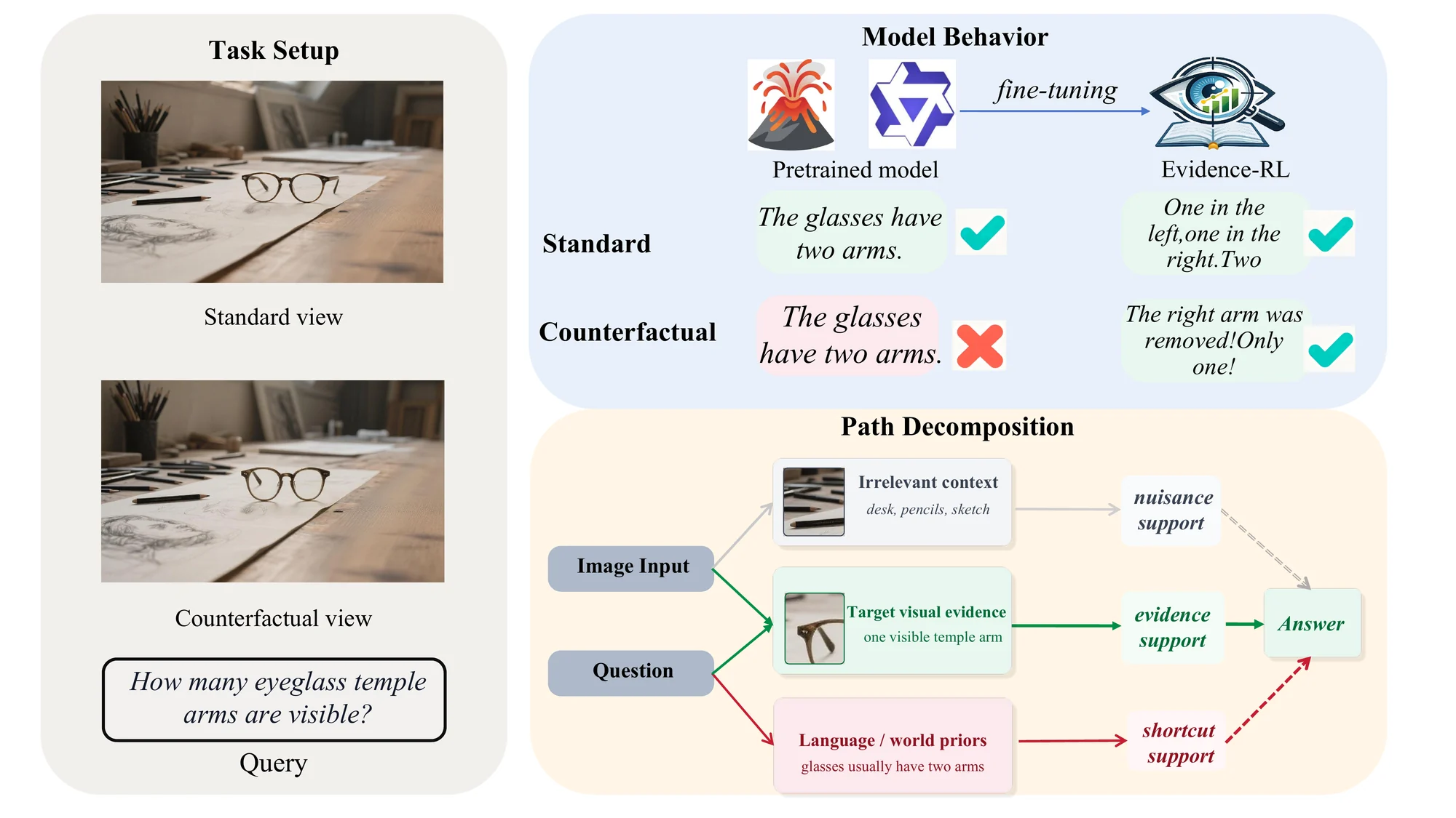 Causal path decomposition: evidence path vs. shortcut path vs. nuisance path